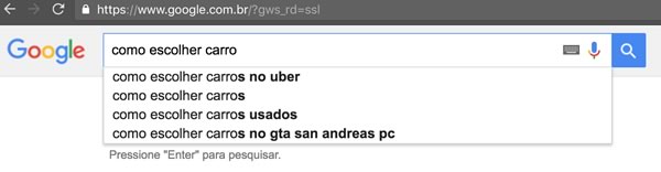 Caixa de busca do Google com o termo "como escolher carro"