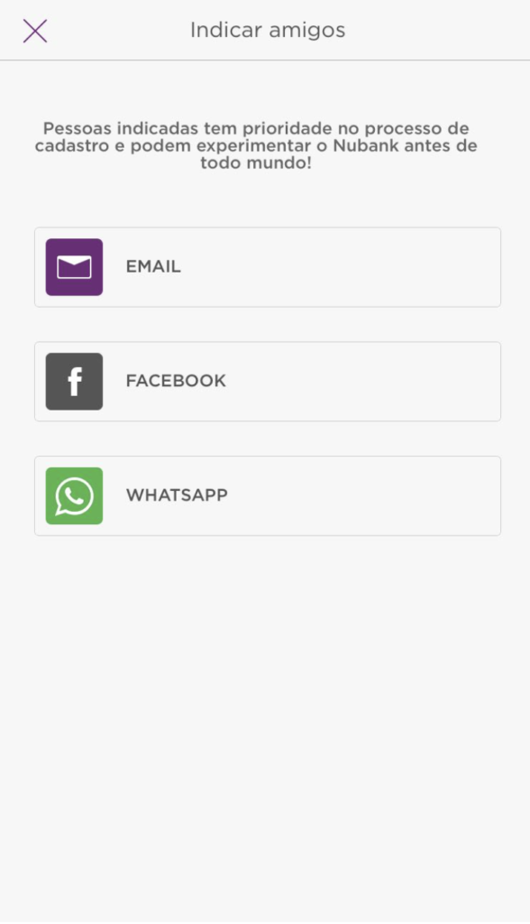 Tela para convidar amigos ao Nubank
