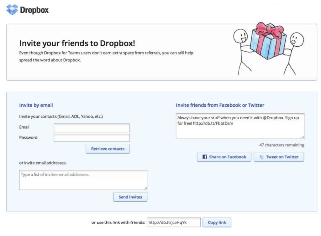 Tela de indicação antiga do Dropbox