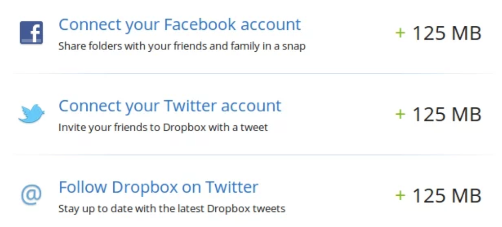 Tela de conexão com redes sociais do Dropbox