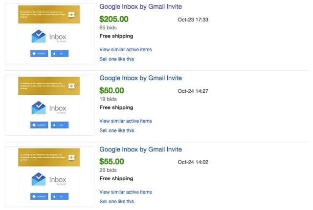 Convites para o GMail sendo vendidos no eBay, em 2004