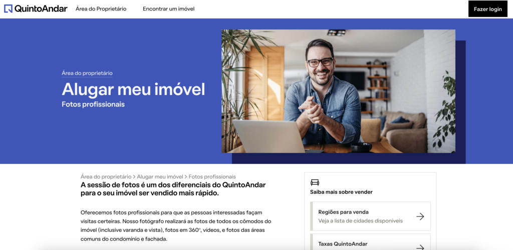 Página de Fotos profissionais para proprietários de imóveis do QuintoAndar
